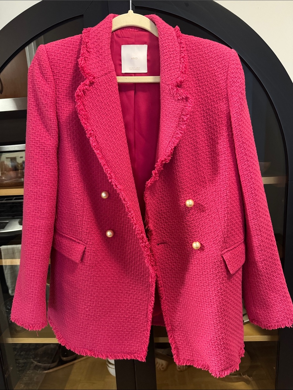 Mango Hot Pink Double-Breasted Tweed Blazer with Pearl Buttons